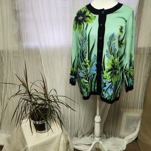 Bob Mackie,green long sleeve, floral, cotton sweater, women's large.